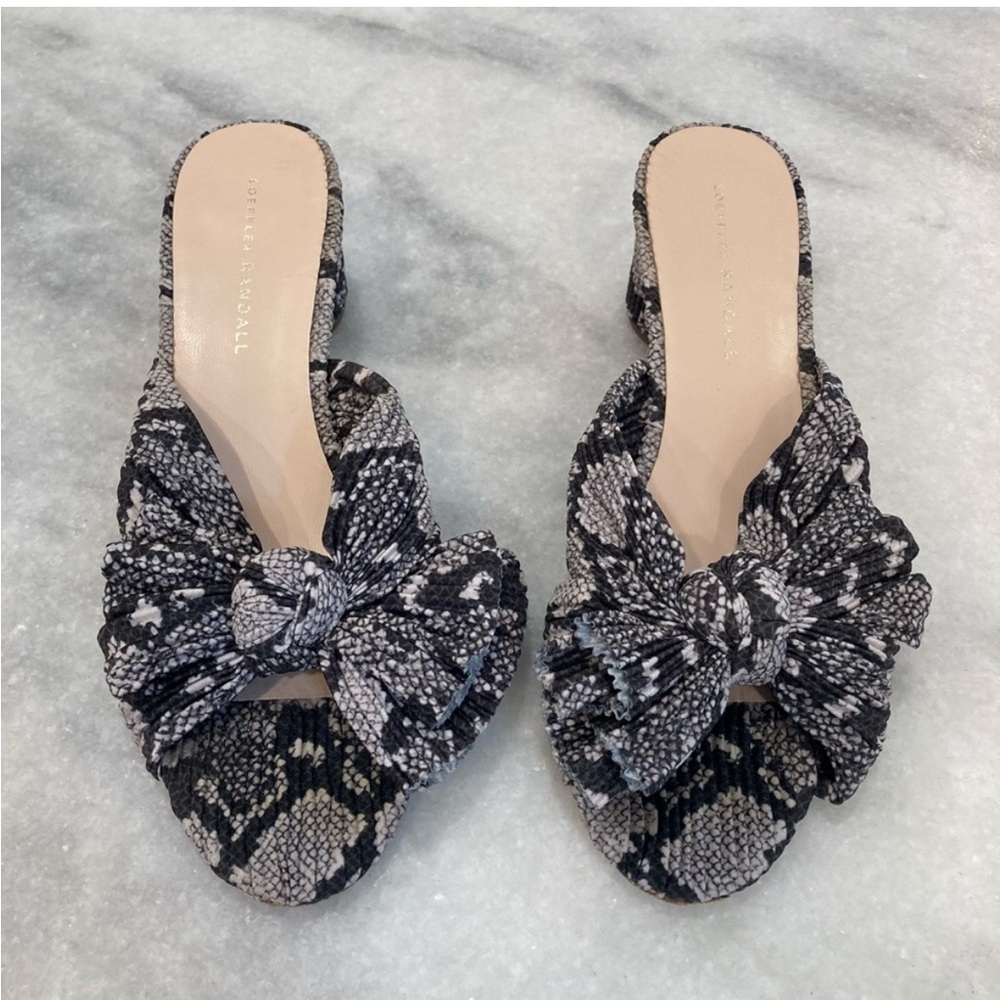 LOEFFLER RANDALL Emilia Snakeskin Animal Print Pleated Knot Bow Sandals
